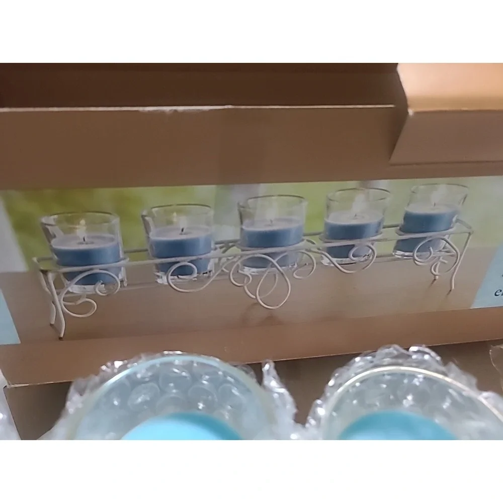 New Pier 1 Imports 5 Filled Candle Set  Marine Breeze Votive Metal Stand Blue